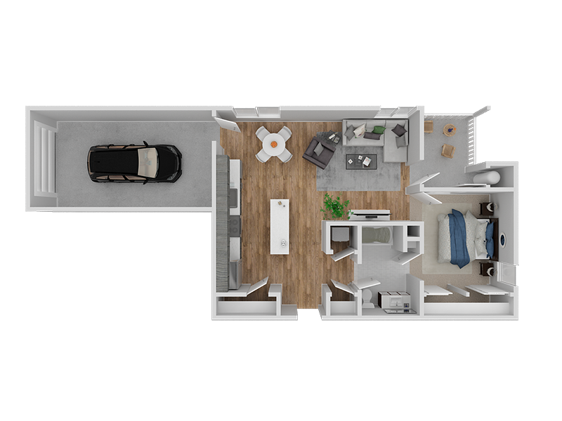 Floor plan for 1 bed, 1 bath, 734 sqft